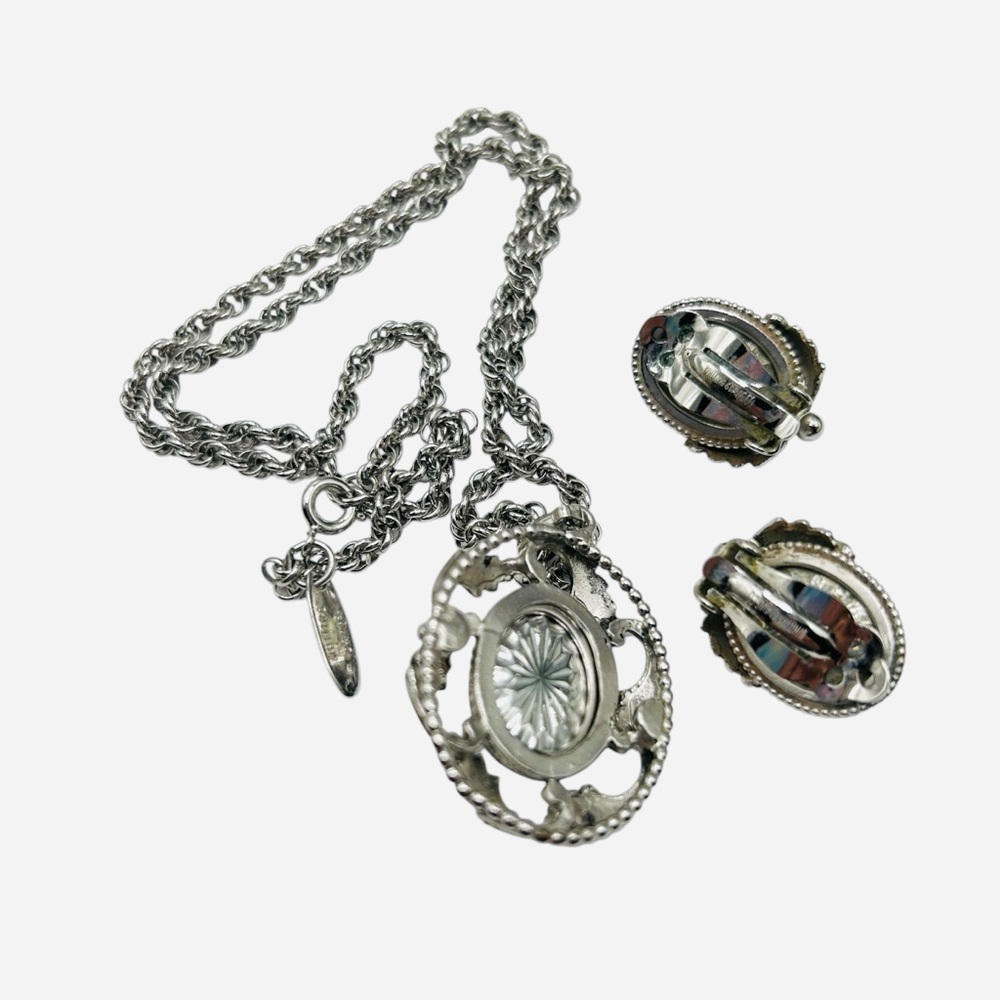 Vintage Whiting Davis Vitrail Glass Necklace Earring Set Original Box - Picture 10 of 12